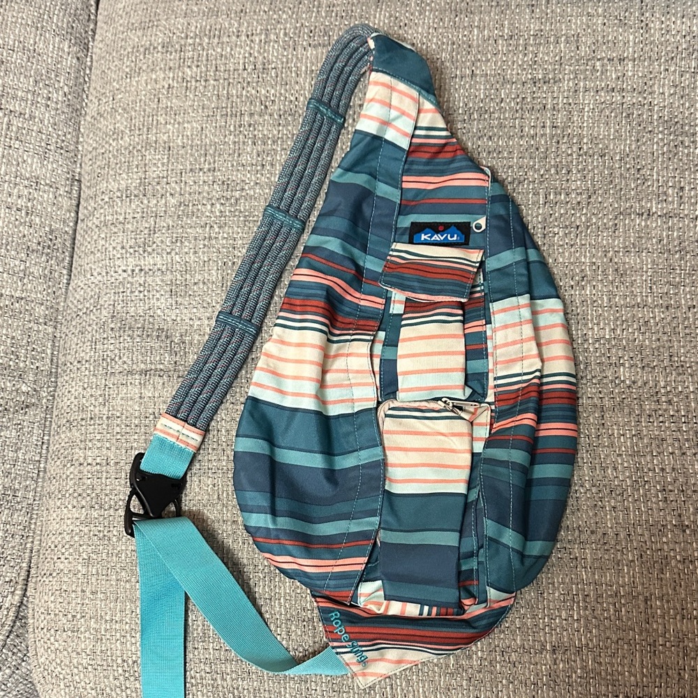 New Kavu Teal Stripe Crossbody Sling Bag with Coral and Cream Accents